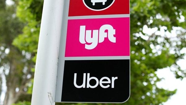 A sign marks a rendezvous location for Lyft and Uber users in California. (File Photo) (REUTERS)
