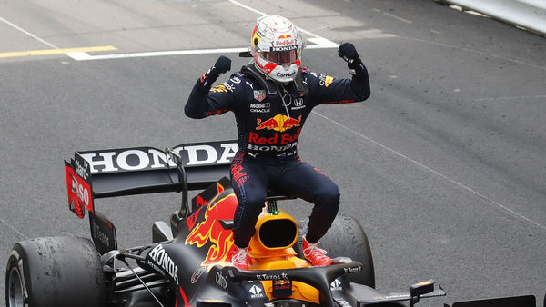 Red Bull's Max Verstappen celebrates winning the Monaco F1 race. (Pool via REUTERS)