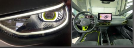 Headlight (L) and interior (R) of the Volkswagen ID.X concept (Image courtesy: LinkedIn/Ralf Brandstätter)