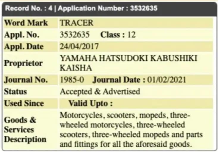 Yamaha has filed for a new trademark under the name - Tracer. Yamaha has filed for a new trademark under the name - Tracer.
