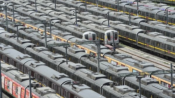 File photo of Delhi Metro trains parked at Timarpur Metro Yard. (PTI)
