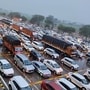 File photo of vehicles stuck in many kilometres jam on Yamuna Expressway. (ANI)