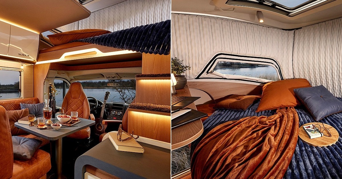 The interiors and the elevated second floor of the recreational vehicle.