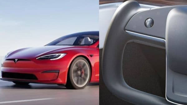 Tesla Model S Plaid (L) and its yoke steering wheel
