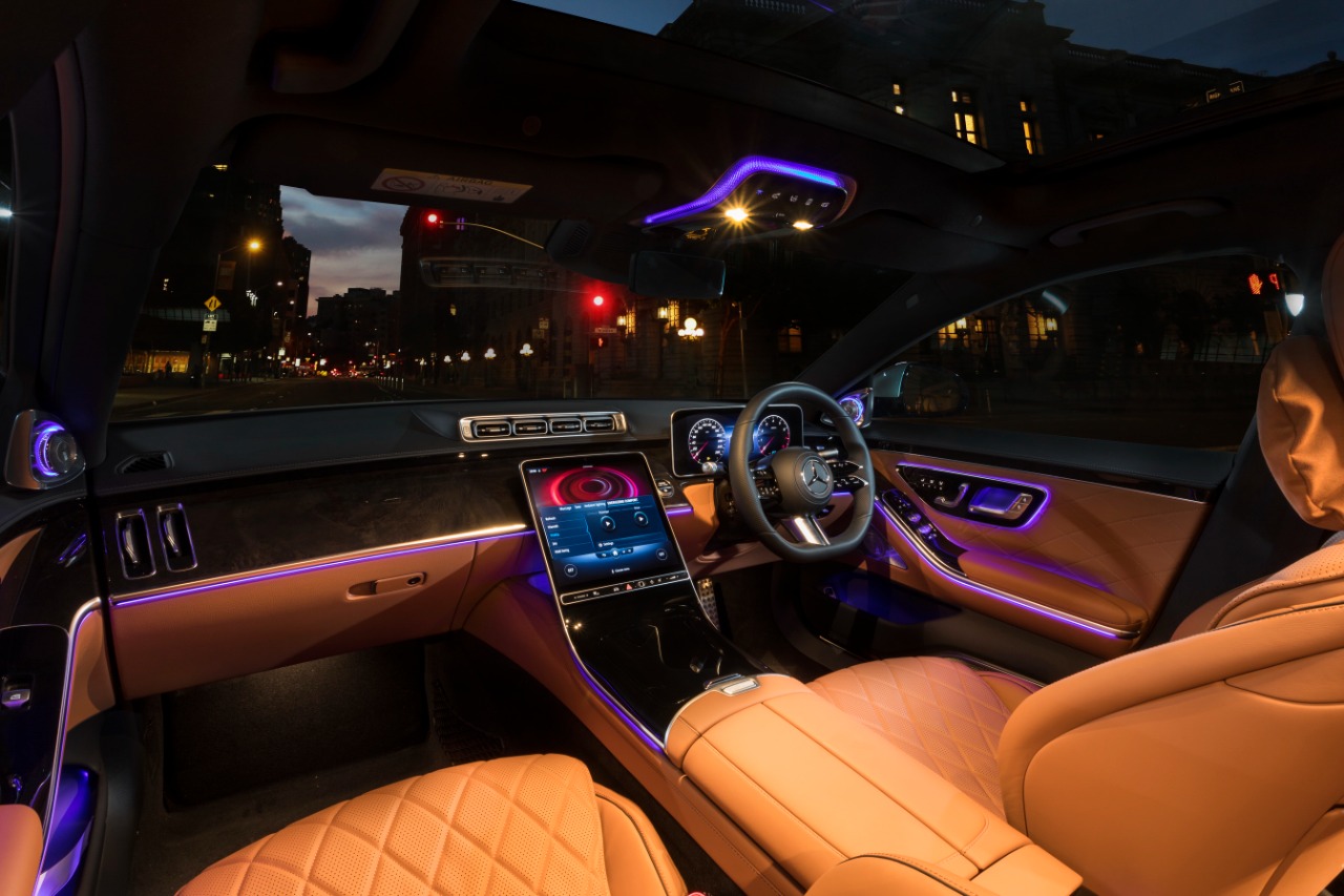 The portrait layout of the main infotainment display unit adds to the classy appeal of the new S-Class.