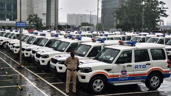 Mumbai, India - August 31, 2021: Chietraff minister Uddhav Thackeray launches 76 interceptor vehicles and hands them over to RTO flying squads to track speedsters and those violating traffic rules, in Mumbai, India, on Tuesday, August 31, 2021. (Photo by Satish Bate/Hindustan Times) (Satish Bate/HT PHOTO)