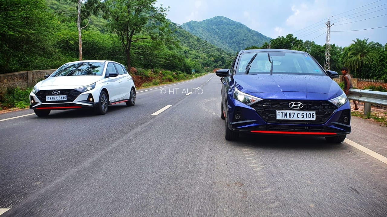 Fast, not furious: Hyundai i20 N Line models race each other on clean straight highway stretches just outside of Udaipur.