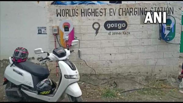 Photo of an electric scooter using the newly inaugurated EV charging station in Kaza, Ladakh.