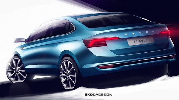 Skoda Slavia sketch reveals the design of the rear section with LED taillight units.