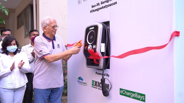 Inauguration of the electric vehicle charger installed by MG and partners in Gurugram's The WorldSpa condominiums.