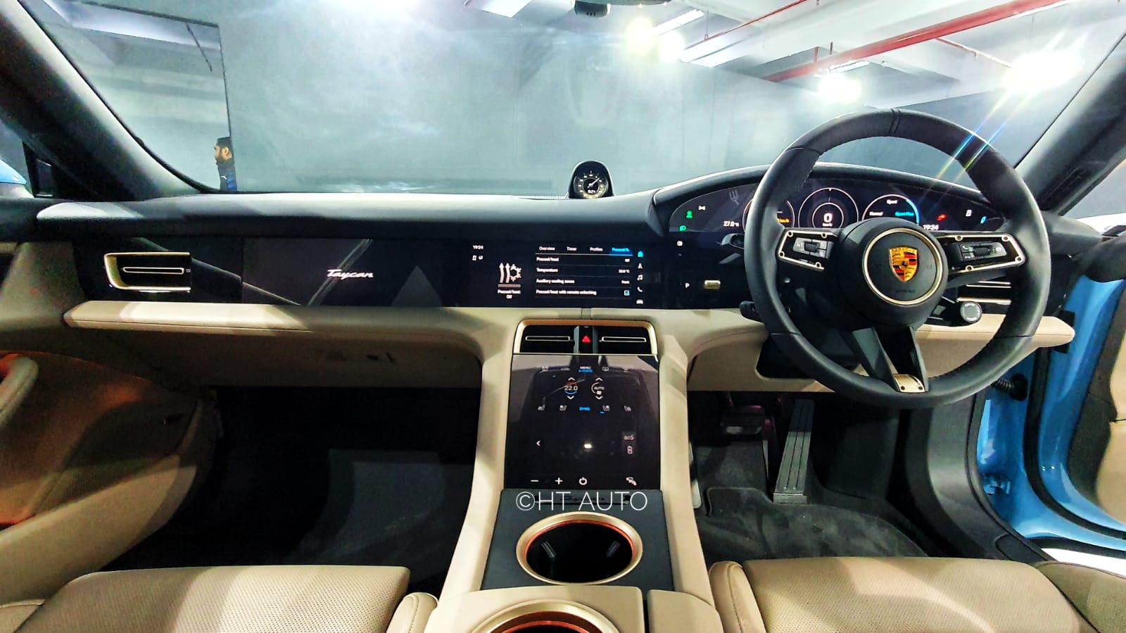 A look at the dashboard layout of Porsche Taycan EV.