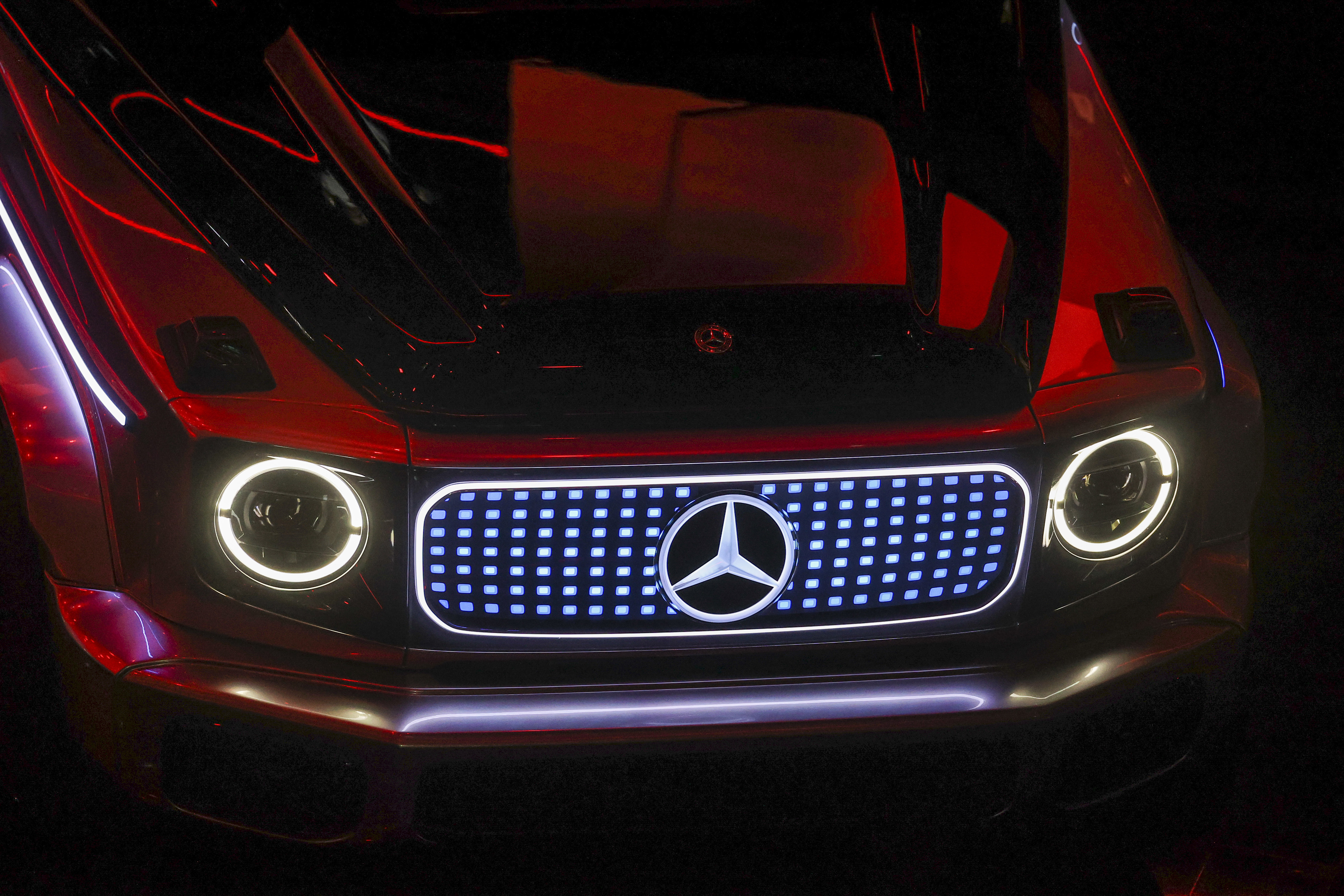The front grille of a Mercedes-Benz AG EQG luxury electric sports utility vehicle (SUV) comes with very unique styling.