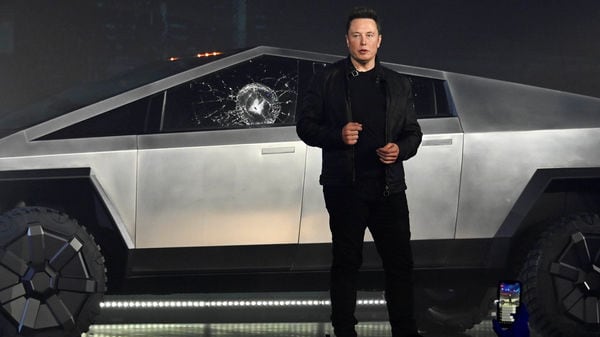 Tesla CEO Elon Musk unveils the Cybertruck at the TeslaDesign Studio in Hawthorne, Calif. The cracked window glass occurred during a demonstration on the strength of the glass. (File photo) (Reuters)