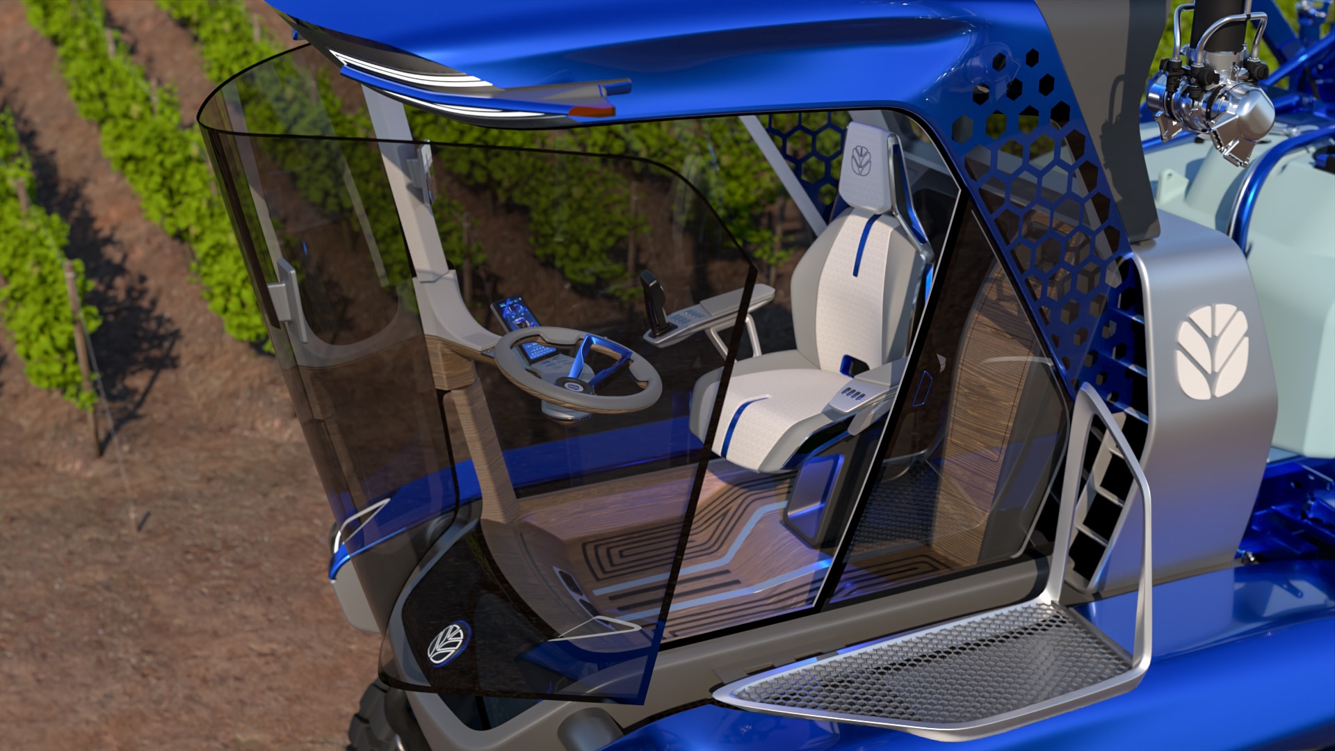 If an all-glass panel wasn't good enough for a better view, the seat inside this concept tractor also rotates.