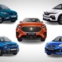 Tata Tigor EV (top left) is India most affordable electric car, Renault Kiger (top right) is India's most affordable sub-compact SUV, Tata Punch (bottom left) is India's first micro SUV, Maruti Celerio (bottom right) is India's most fuel-efficient petrol car and MG Astor (centre) is India's first AI-enabled car to launch in 2021.