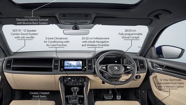 Skoda Kodiaq facelift SUV interior will feature a panoramic electric sunroof, 8-inch infotainment touchscreen and much more.