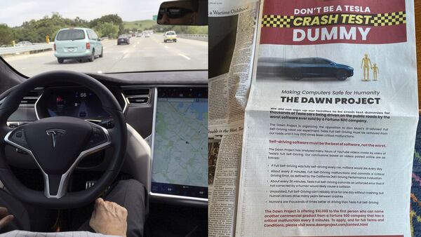 File photo of a Tesla interior with Autopilot mode on (L) and newspaper ad criticizing Tesla's Full Self-driving tech (R). (@andyjayhawk/Twitter)