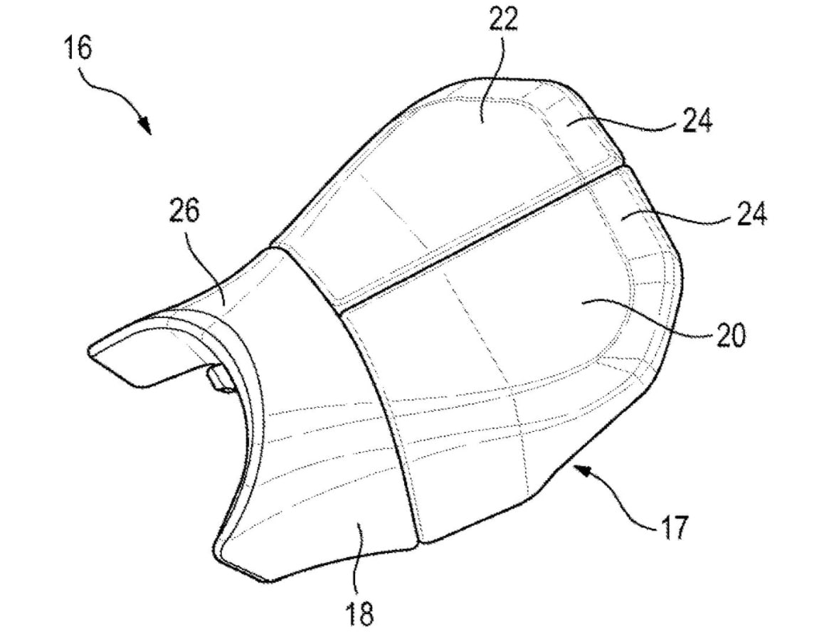 Patents filed by BMW show a width-adjustable motorcycle saddle made up of three separate sections.