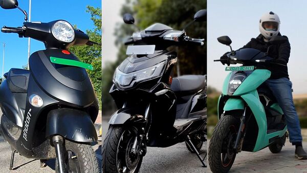 Hero Electric (left) is the leading electric two-wheeler manufacturer in India, followed by Okinawa (centre) and Ather Energy (right).