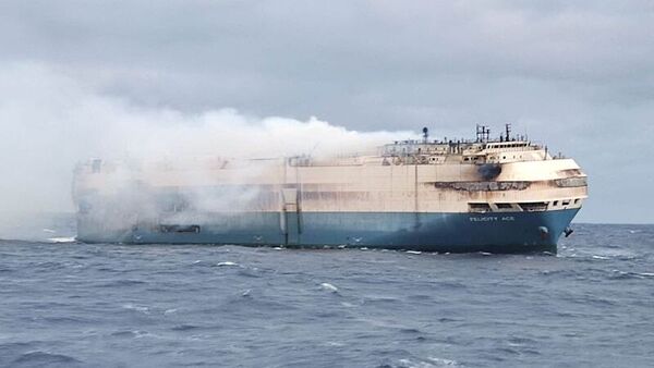 The ship, Felicity Ace, which was travelling from Emden, Germany, where Volkswagen has a factory, to Davisville, in the U.S. state of Rhode Island, burns more than 100 km from the Azores islands, Portugal. (via REUTERS)