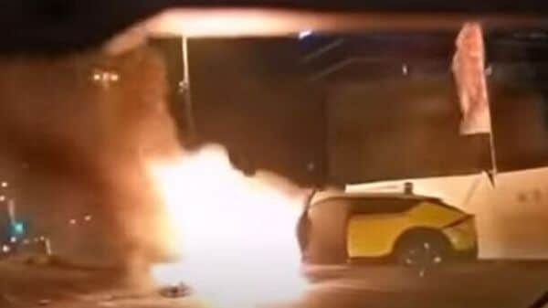 Screengrab of video posted on YouTube by Villanyautósok shows a Kia EV6 burning.