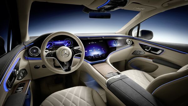 Interior of Mercedes EQS SUV, the first all-electric luxury SUV and the third model based on Mercedes-Benz’s dedicated electric vehicle architecture, showcased ahead of debut on April 19.