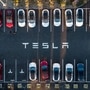 This file photo taken on February 10 shows an aerial view of cars parked at the Tesla Fremont Factory in Fremont, California. (AFP)