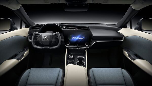 The interior of the Lexus RZ 450e is dominated by a new yoke steering wheel.