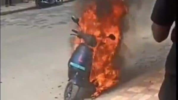 File photo of an Ola Electric scooter catching fire in Pune (HT) (HT_PRINT)