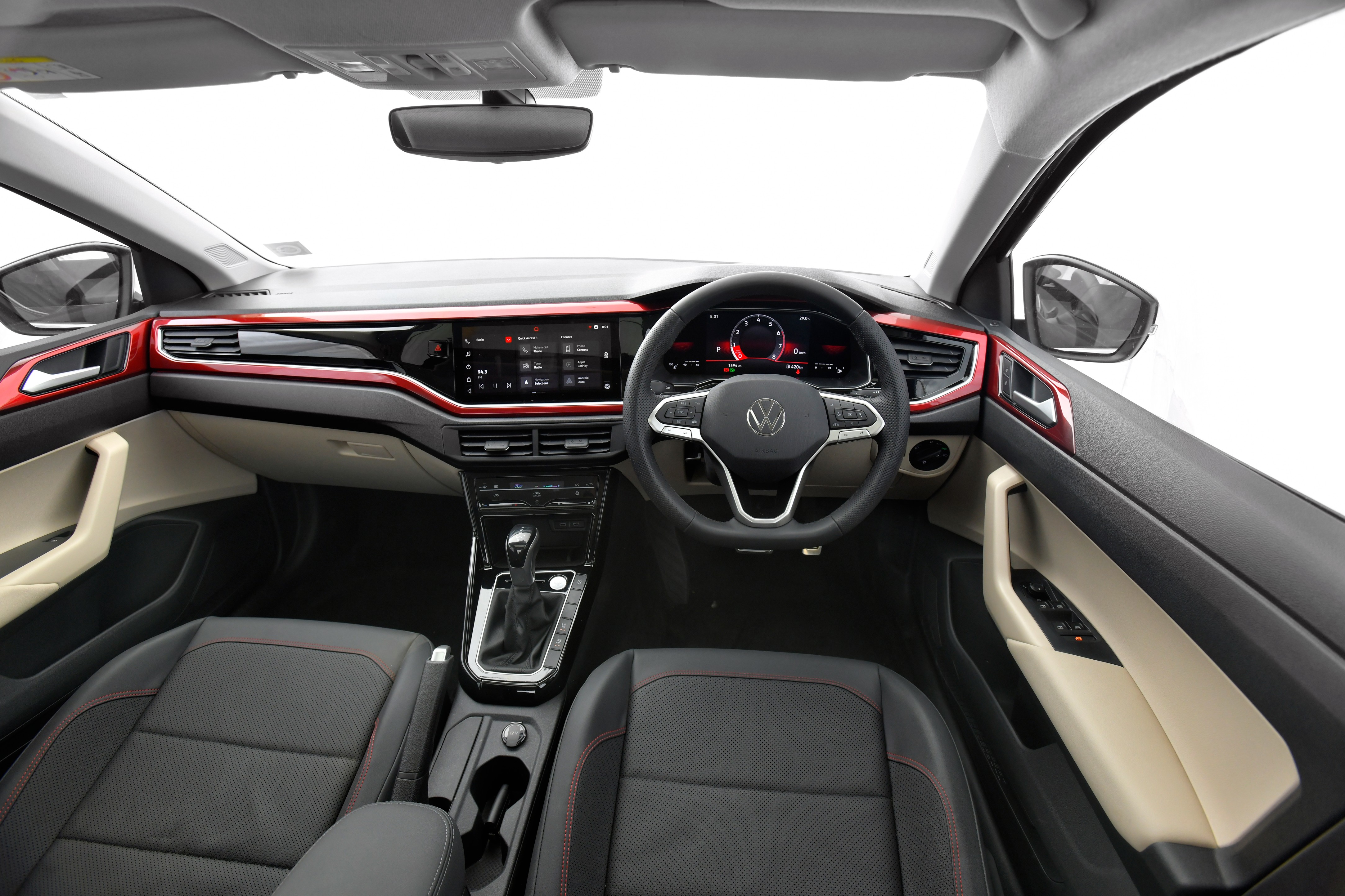 The interior of the Volkswagen Virtus will offer a flat-bottom steering wheel with a varied range of control buttons on it. It also features a eight-inch digital instrument cluster. The interior of the Volkswagen Virtus will offer a flat-bottom steering wheel with a varied range of control buttons on it. It also features a eight-inch digital instrument cluster.