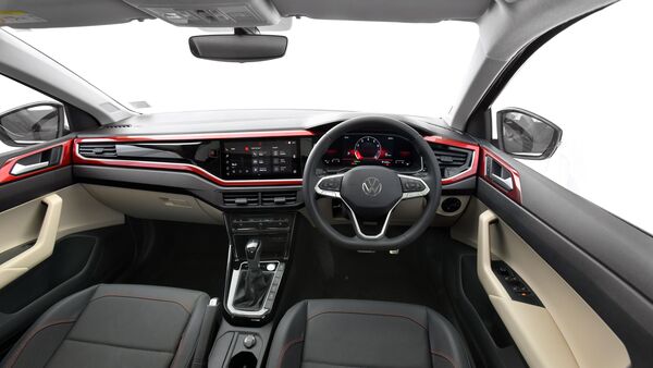 The interior of the Volkswagen Virtus will offer a flat-bottom steering wheel with a varied range of control buttons on it. It also features a eight-inch digital instrument cluster. The interior of the Volkswagen Virtus will offer a flat-bottom steering wheel with a varied range of control buttons on it. It also features a eight-inch digital instrument cluster.