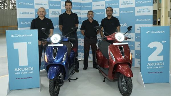 Bajaj Auto rolls out first Chetak electric scooter from new Akrudi manufacturing plant.