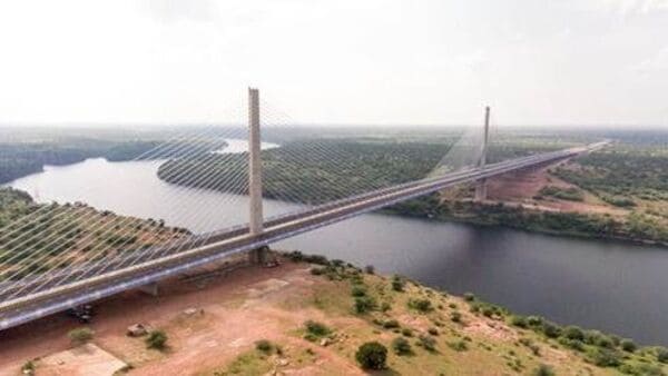 An aerial view of the cable-stayed bridge across Chambal river near Kota.