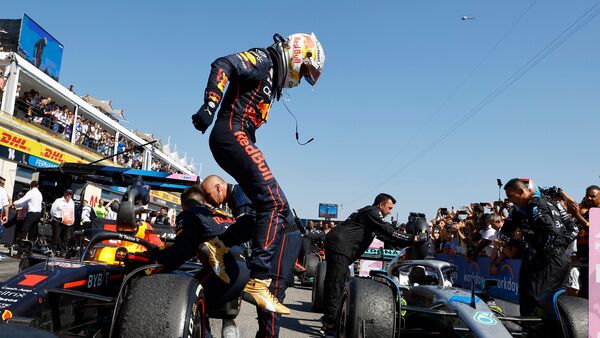 Red Bull driver Max Verstappen of the Netherlands celebrates after winning the French Formula One Grand Prix at Paul Ricard racetrack in Le Castellet, France. (AP)