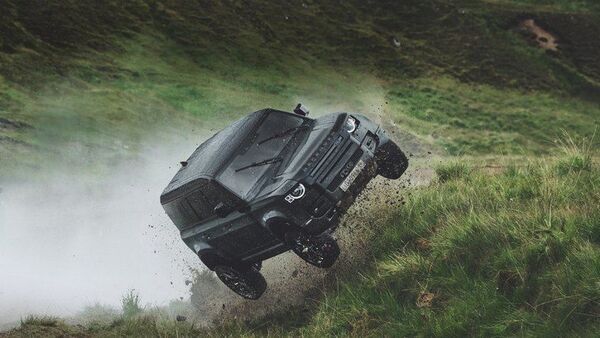 Screengrab from the video of Land Rover Defender performing stunt in the new James Bond film.