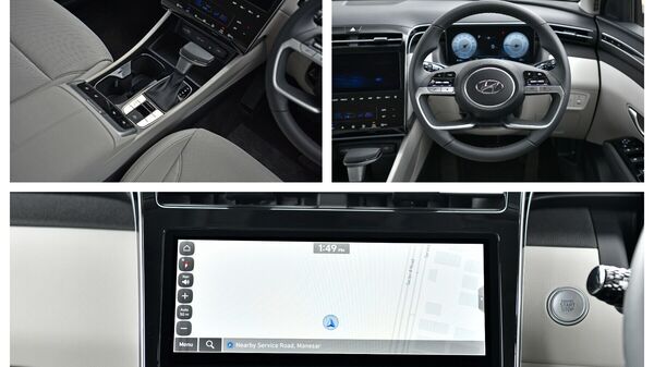 From top-left: The center console, the steering wheel with mounted controls and the main infotainment screen inside the new Hyundai Tucson.