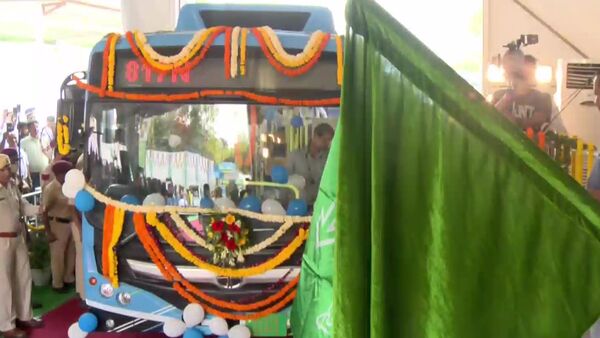 Arvind Kejriwal, Chief Minister of Delhi, flagged off 97 electric buses in the national capital on Wednesday, August 24. (Photo courtesy: Twitter/@ANI)