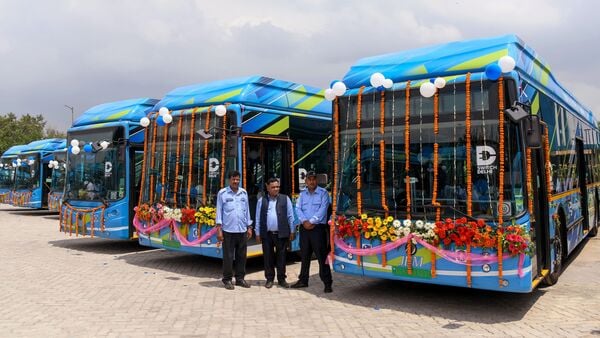 Electric buses parked at Rajghat Depot during flagging off ceremony of 97 electric buses by Arvind Kejriwal, Chief Minister of Delhi, on Wednesday. (Prateek Kumar)