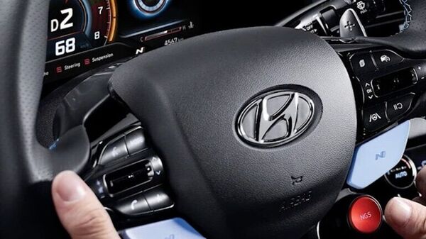 File photo of Hyundai logo on a steering wheel