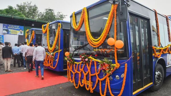 CNG buses during their flag-off ceremony at Rajghat Depot in New Delhi on Tuesday. (PTI)