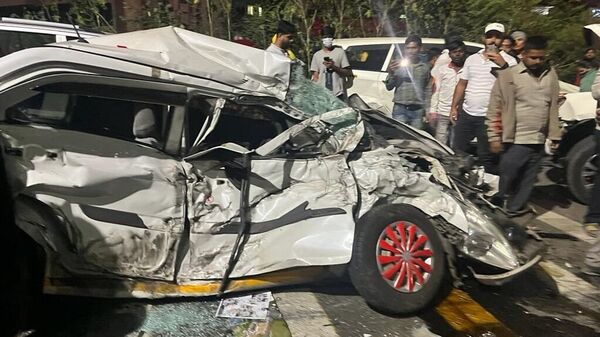 One of the cars involved in the crash on the Pune-Bengaluru highway.  (ANI photo)