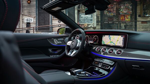 The Mercedes-AMG E 53 4MATIC Cabriolet retains the same cabin layout with the dual screens and AMG steering wheel Mercedes-AMG E 53 4MATIC Cabriolet