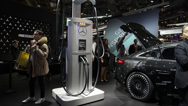 The ChargePoint electric vehicle charging hub is on display at the Mercedes-Benz booth during the CES technology show in Las Vegas, Thursday, Jan. 5, 2023.  (AP Photo/John Locher)(AP)