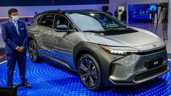The Toyota bz4X on display at the 2023 Auto Expo offers dual-motor and single-motor powertrain options and features a 71.4 kWh battery pack.