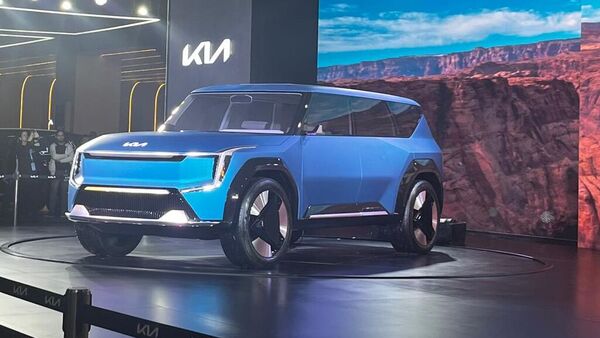 Kia EV9 concept electric SUV on display at Auto Expo 2023.