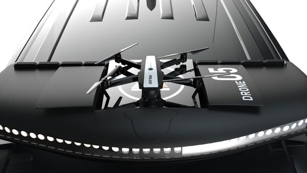The Zenith AI EagleEye Intelligent Patrol drone is embedded in the cavity behind the police lightbar and can autonomously take flight