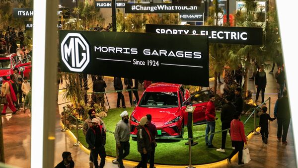 File photo: A look at the MG Motor India pavilion at the Auto Expo 2023. (Bloomberg)