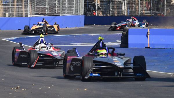 Racers in action during a free practice session ahead of Formula E race in Hyderabad.