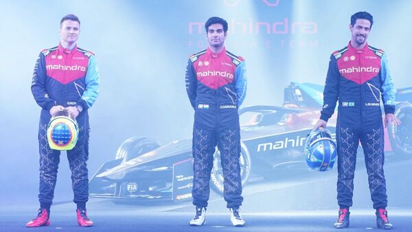 Right to left: Lucas Di Grassi, Jehan Daruvala and Oliver Rowland at the unveiling of the Mahindra Racing Gen3 car