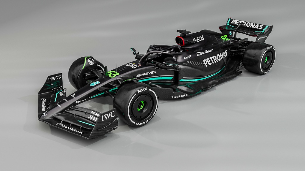 The Mercedes W14 gets exposed carbon fibre while parts are finished in matte black Mercedes-AMG F1 W14 F1 2023